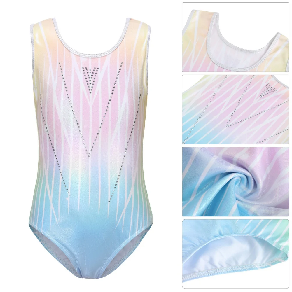 Girls Ballet Leotards Gymnastics Suit Fashion Gilding Rhinestone Inlay Bodysuits With Shorts And Headband Sleeveless Jumpsuit