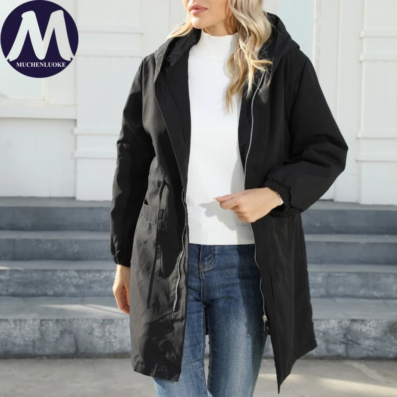 

Trench Coat Woman Spring Autumn New Elegant Long Sleeved Hood Medium To Long Windbreaker Fashionable Casual Loose Trench Coats