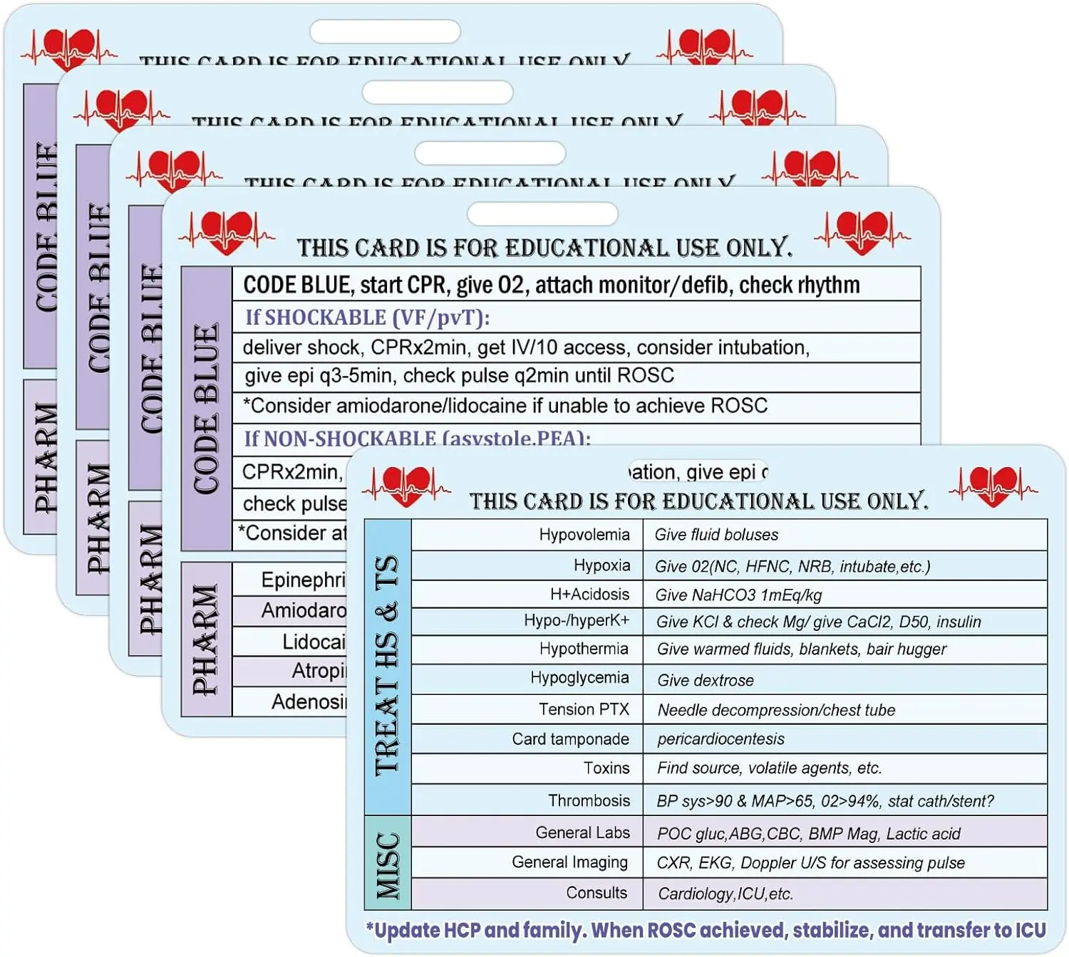 5 Pack ACLS Reference Card Heart CPR Code Blue EMT/RN/MD Cards for Medical 2.9 * 4.1 Inch ACLS Survival Card