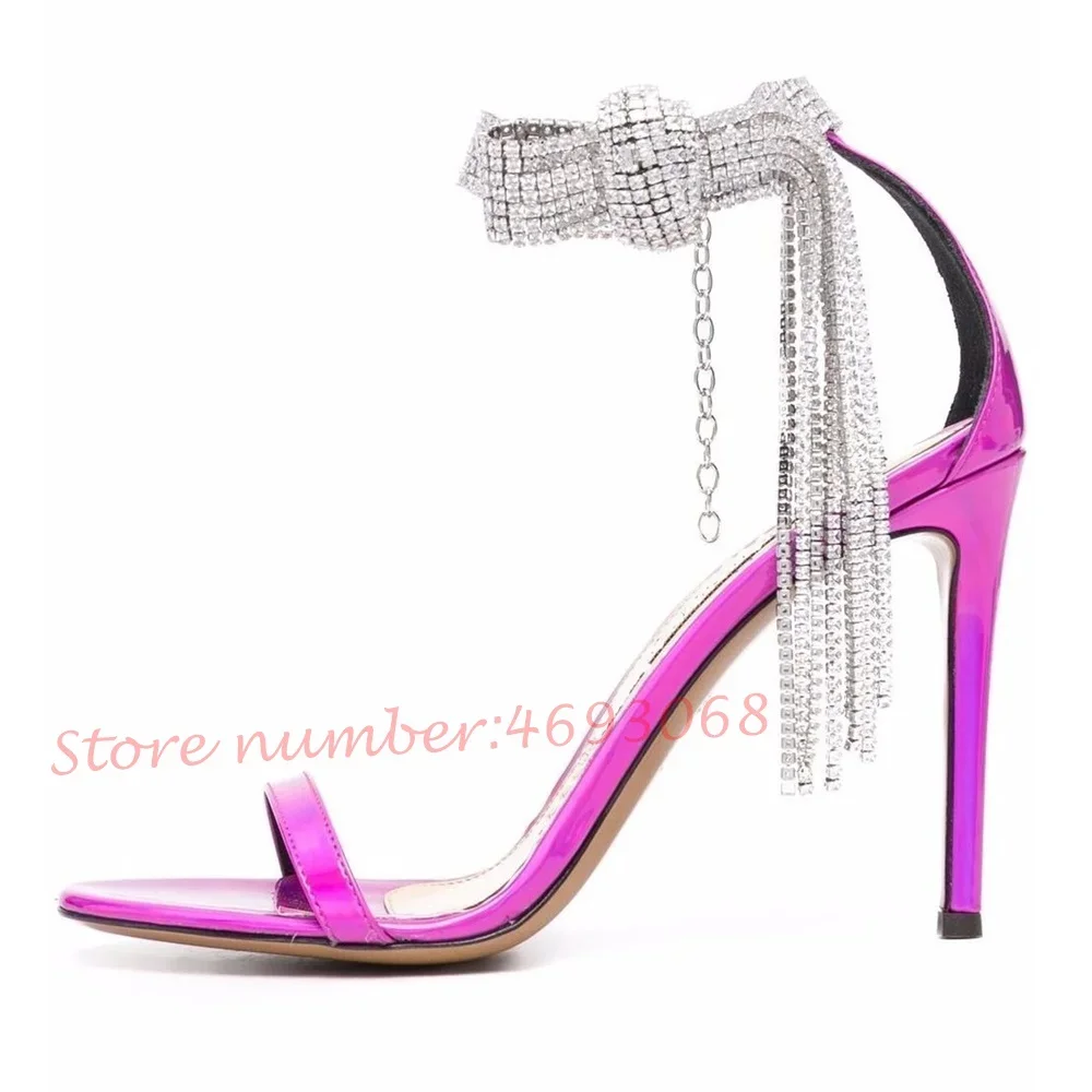 

Drill Chain High Heels Sandals Women Rose Red Luxury Ankle Wrap Patent Leather Elegant Shoes Summer Shoes Female Dress Sandals