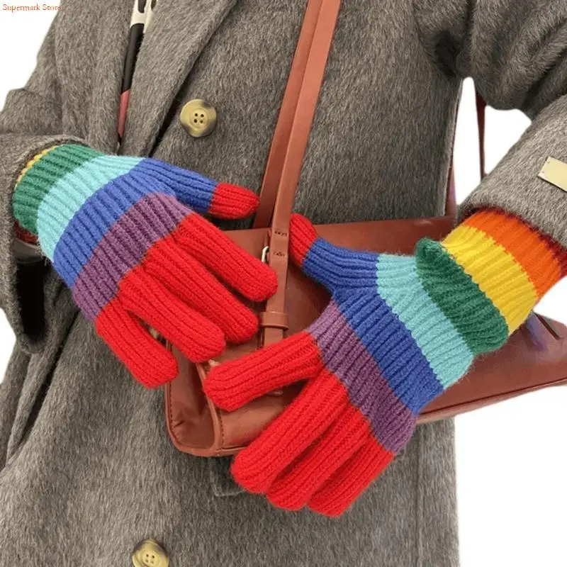 Q5WE Keep Warm Full Finger Gloves Adult Touchable Screen Mitten Rainbow Color Gloves