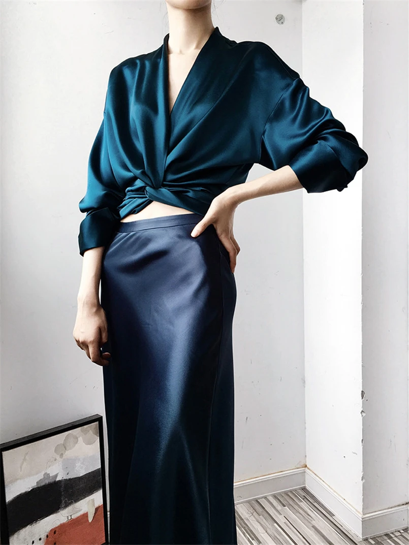 Cetim manga longa blusa elegante cruz torção novo design camisa feminina outono 2026 feminino elegante senhoras topos blusas de alta qualidade