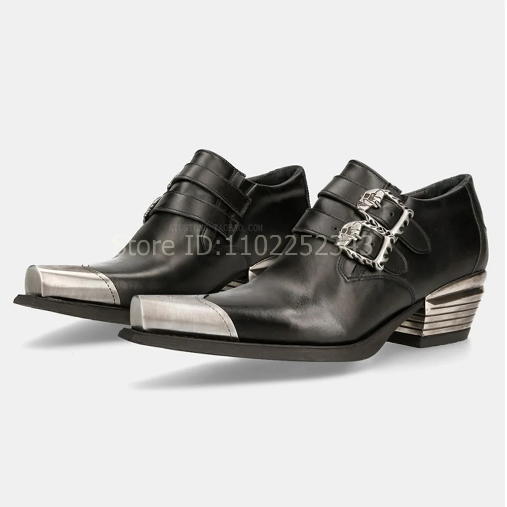 

Punk Style Small Leather Men/women Shoes 5.5 Cm Height Increasing Western Pointed Leather Shoes Metal Buckle Thick Heel Loafers