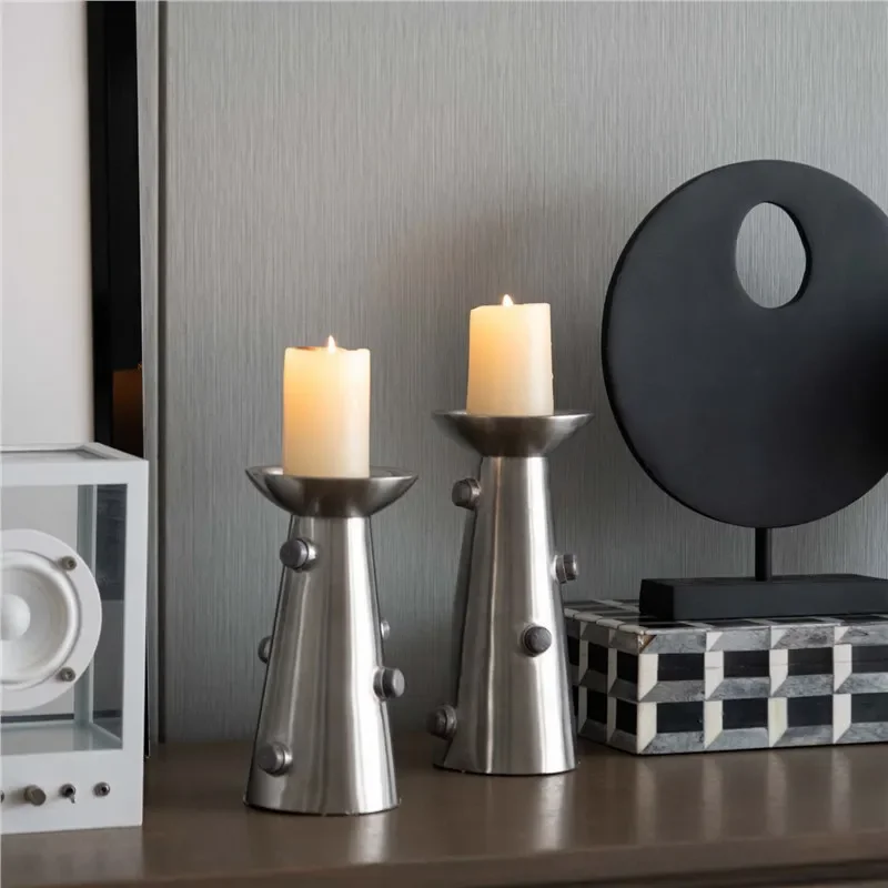 Modern Minimalist Stainless Steel Candle Holder Matte Silver Round Base Home Decor Ornament for Living Room Table Centerpiece