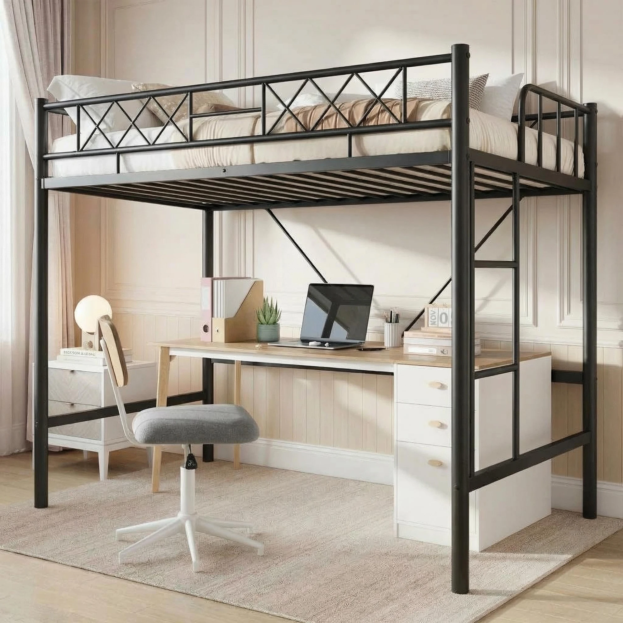 Twin Metal Loft Bed Frame With Arched Guardrail And Ladder, Heavy Duty Steel Slats, Underbed Space, No Box Spring For Small Rooms