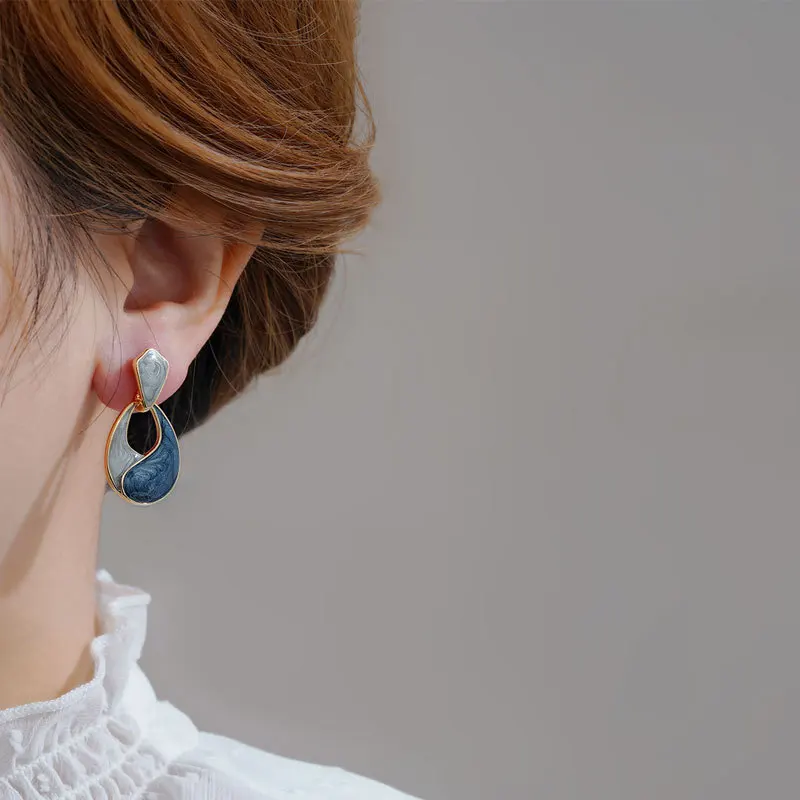 Grey Blue Enamel Oil Hollow Water-drop Dangle Earrings for Women Party Trendy Jewelry Geometric Polygon Drop Earrings