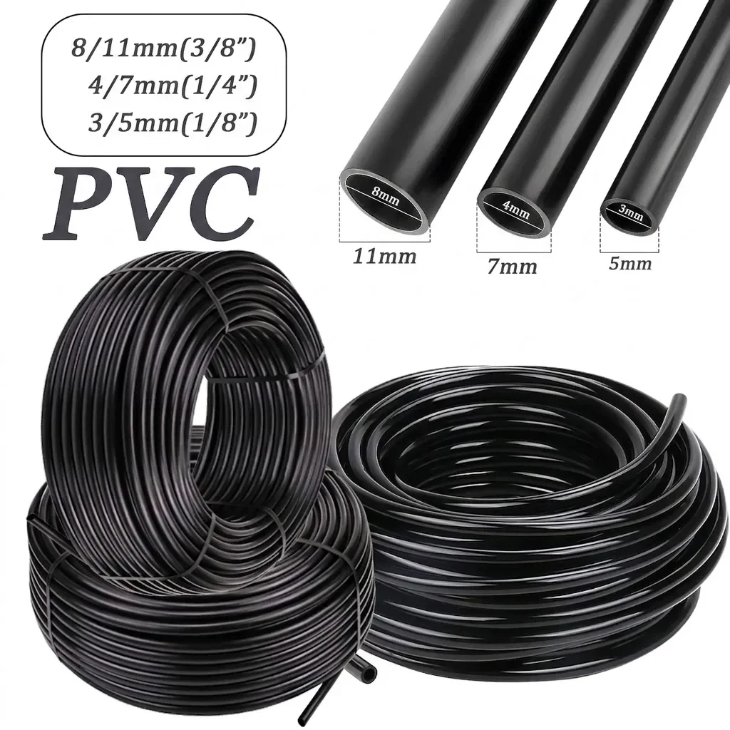 PVC Garden Hose 10M-100M 1/8 1/4 3/8 Inch Black Micro Drip Irrigation Tube for Plants Watering System with 3/5mm 4/7mm 8/11mm