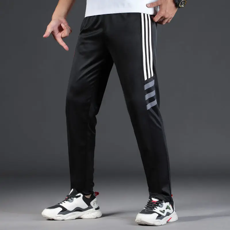 Spring Summer Men Striped Sweatpants Elastic Waist Joggers Outdoor Quick Dry Football Training Zipper Leg Opening Sport Trousers