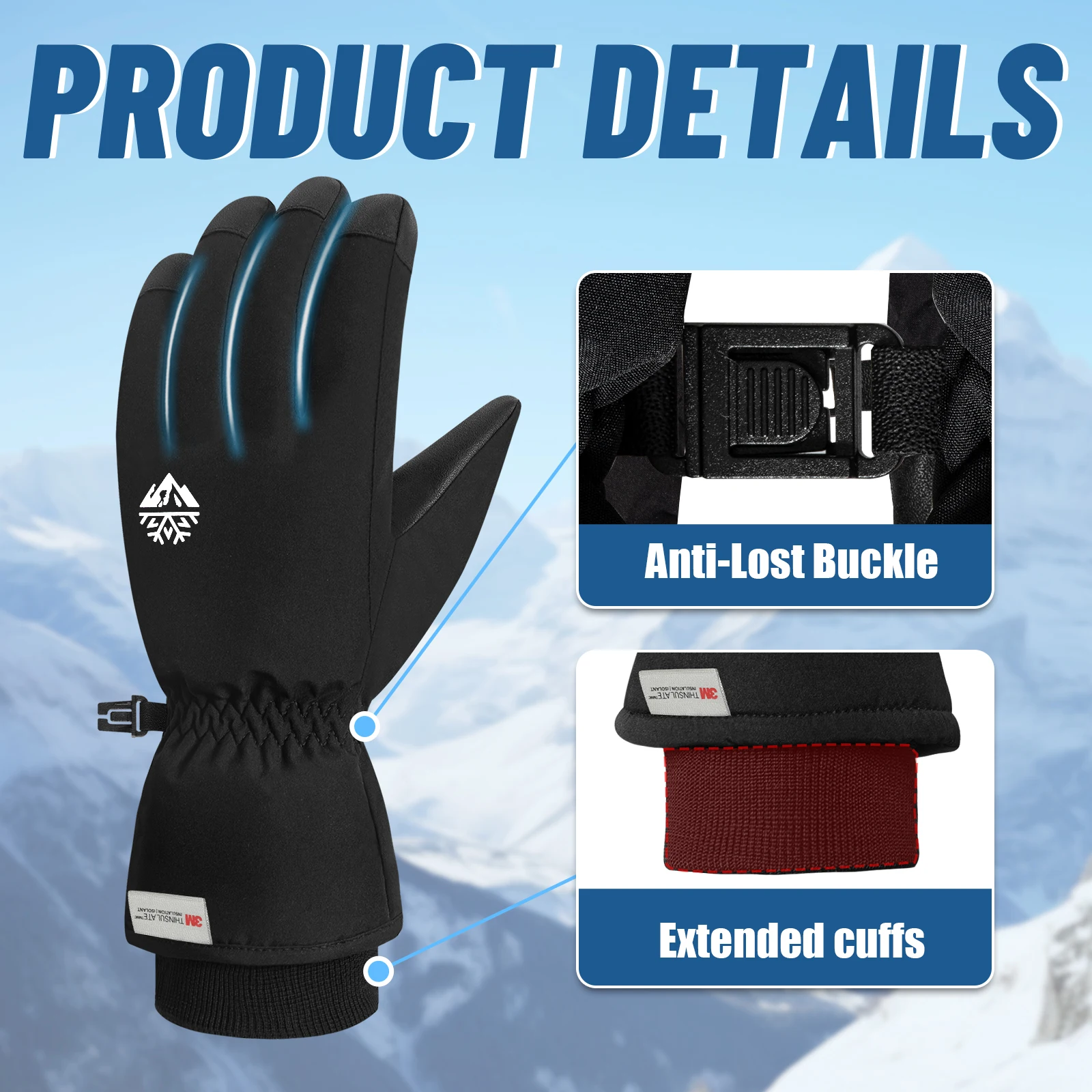 

Термоизолированные лыжные перчатки с сенсорным экраном и пухом для зимы с регулируемыми ремнями для катания на лыжах, катания на коньках, езды на велосипеде