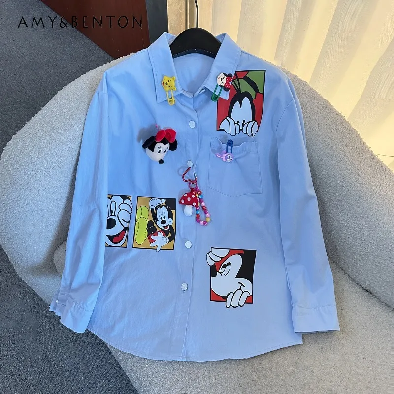 

Cartoon Print Long Sleeves Denim Blouse Jacket Ladies Loose Casual Style Youthful Top Shirt Autumn New Women's Fashion Blusas