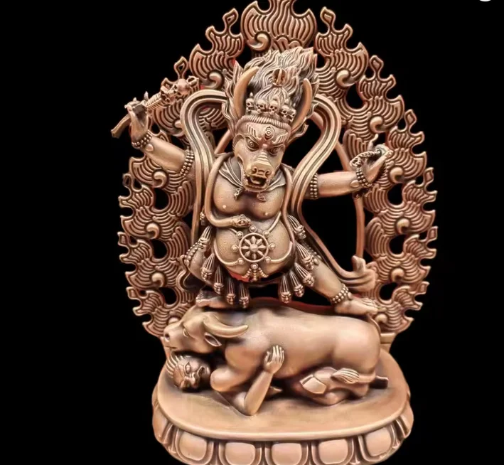 Red Copper Carved Yama Dharmapala Statue Hand Carved Tibetan Buddhist Protector Deity Figure Yama Dharmaraja Sculpture Altar
