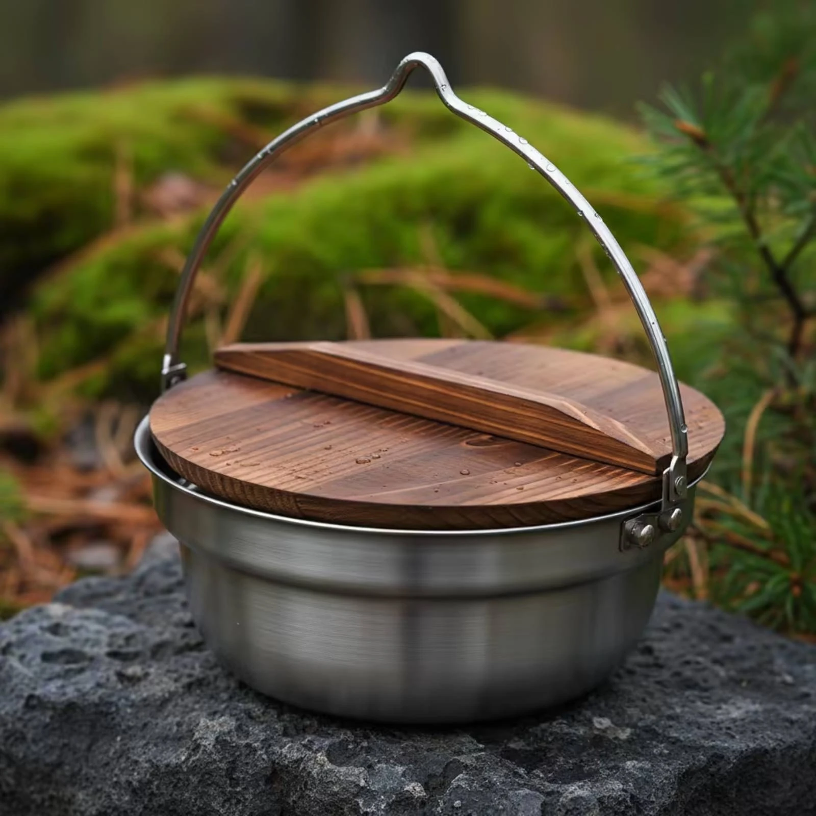 Premium Stainless Steel Pot with Wooden Lid Heavy-duty Cookware Wear-resistant Round Bowl for Outdoor Camping