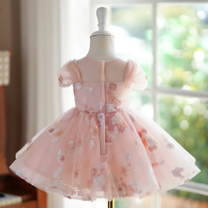 Personalizado o pescoço doce lantejoulas cintura fina flor meninas vestidos de baile princesa vestidos puff manga em camadas crianças aniversário pa