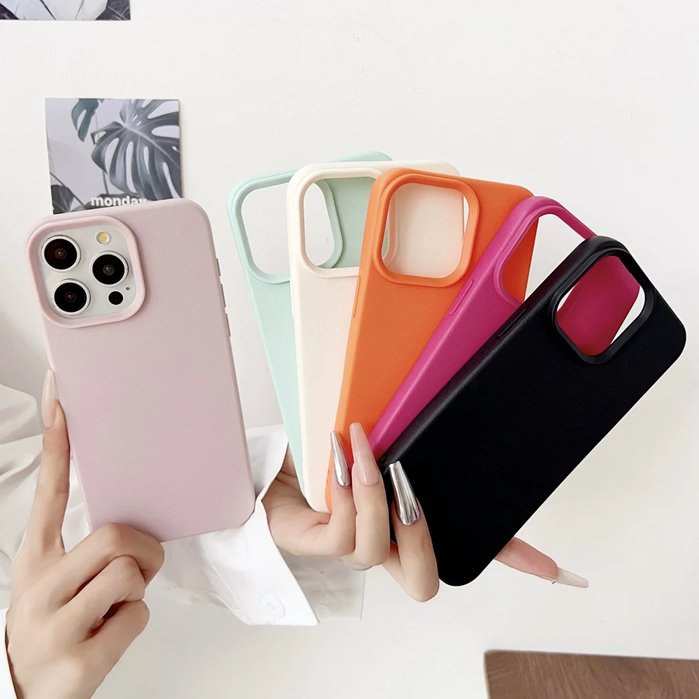 

Luxury Leather Texture Silicone Case For iPhone 16 15 14 13 12 11 Pro Max Plus Soft Candy Color Thin Cover Colorful Matte Shell