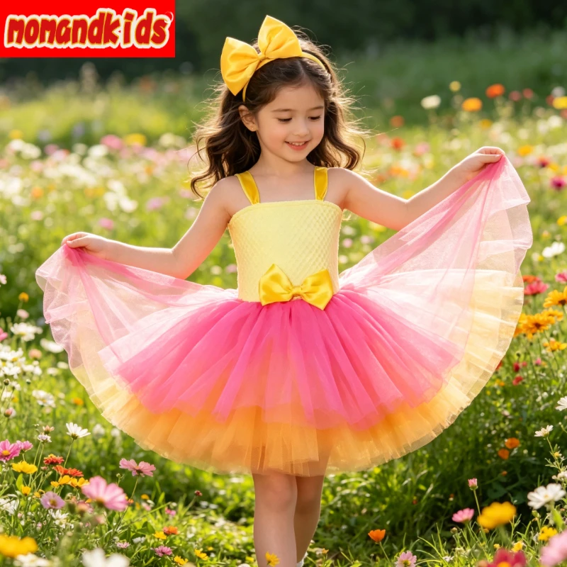 Bright Yellow Three-layer Mesh Tutu Gown with Cute Cartoon Doll Print, Fancy Cosplay Costume for Birthday Galas and Halloween