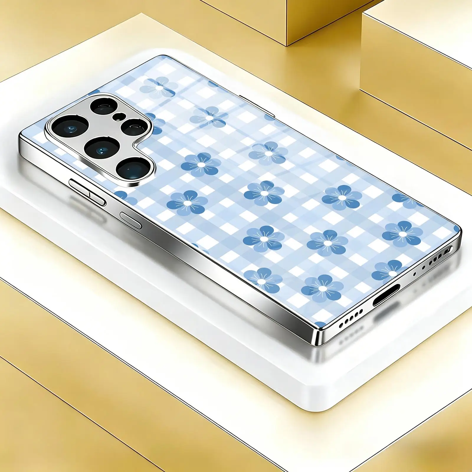 Flowers and Grid   Phone Case For Samsung S26 S25 S24 S23 S22 S21 Plus Ultra Note20 Electroplated glass Phone Case