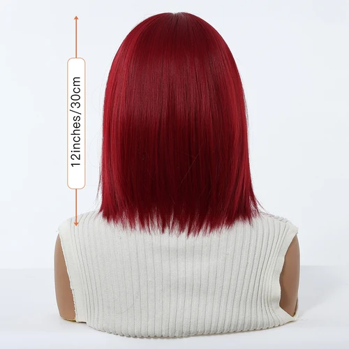 Imagen 2 del producto Pelucas Bob cortas y rectas de Halloween para mujer, peluca sintética roja vino Borgoña con flequillo resistente al calor para mujer, pelo de Cosplay