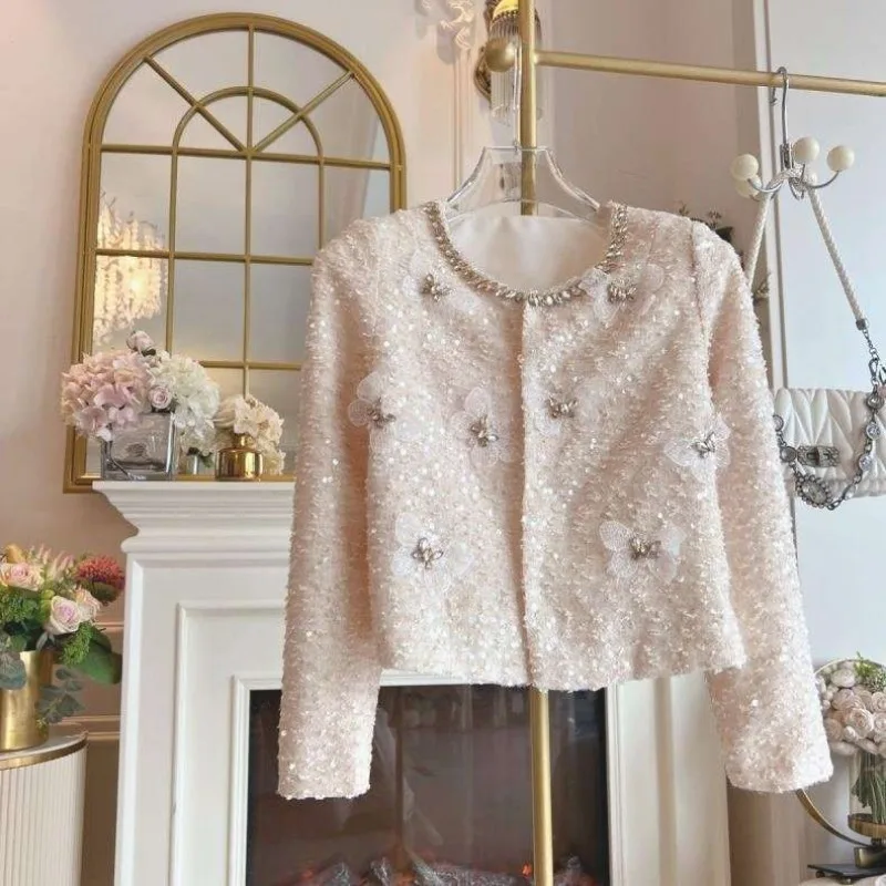 

Vintage Elegant Sequined Short Jacket 2025 Autumn Heavy New Cardigan Coat Women Korean Style O-neck Sweet Tops Mujer