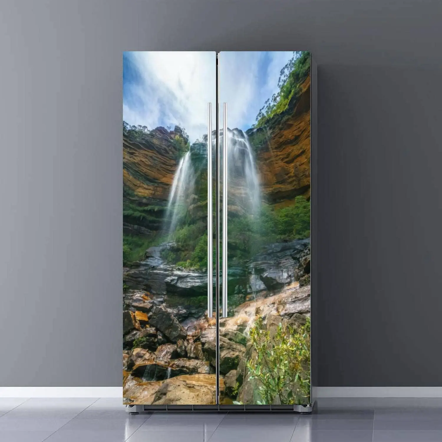 Waterfall Refrigerator Wrap Self Adhesive Mountain Fall Fridge Stickers Natural Landscape Mural Decal Removable Kitchen Decor