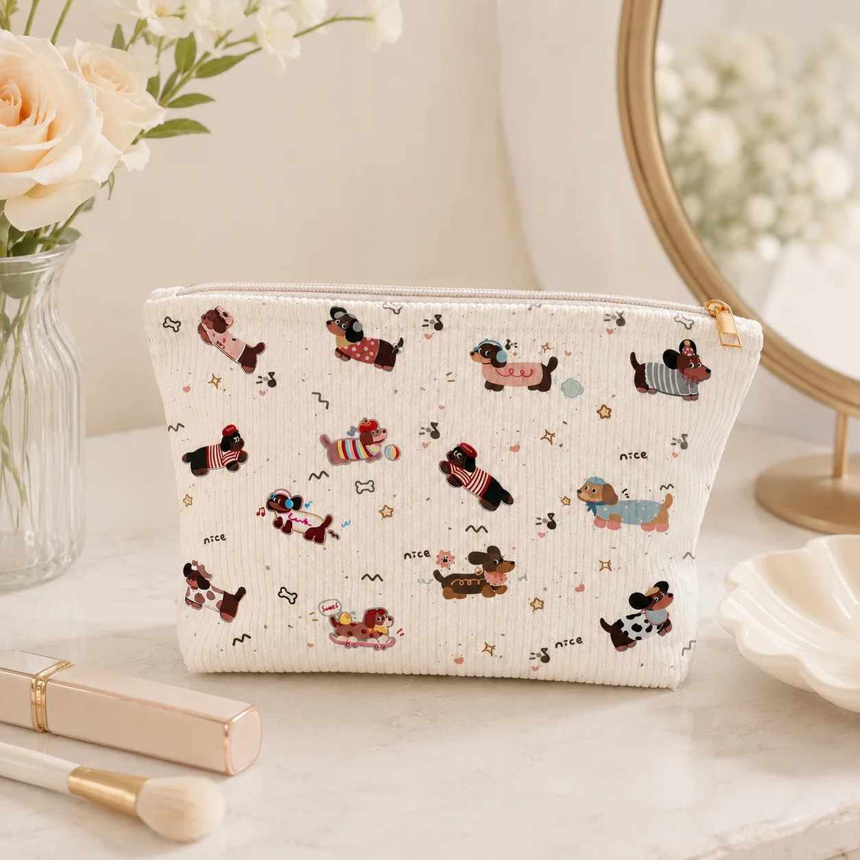 Dachshund Cosmetic Bag Corduroy Dog Print Makeup Pouch Cute Travel Toiletry Organizer Zipper Storage Case for Women Girls Gifts