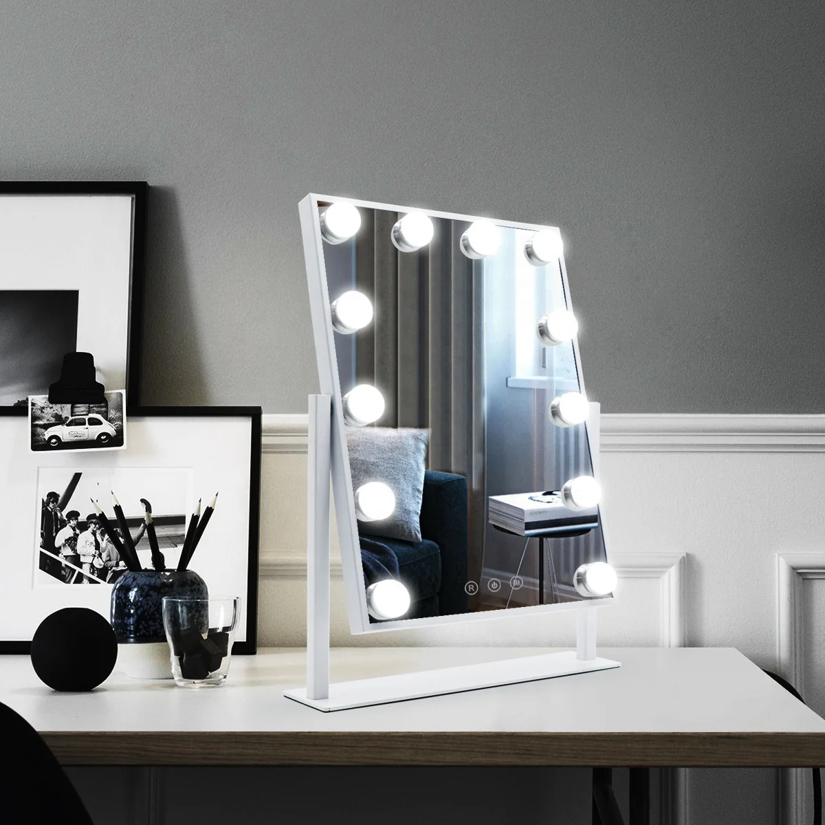Plug-in 12-Light Portable Desktop Ladies Makeup Rectangle Table with Light Emitting Diode  Mirror