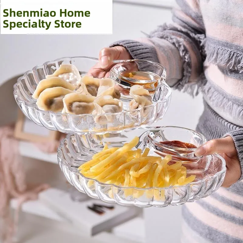 

Прозрачная стеклянная тарелка для пельменей с соусником для уксуса, дизайнерская тарелка для закусок, высокая эстетическая ценность, новинка 2026 года, для домашнего использования