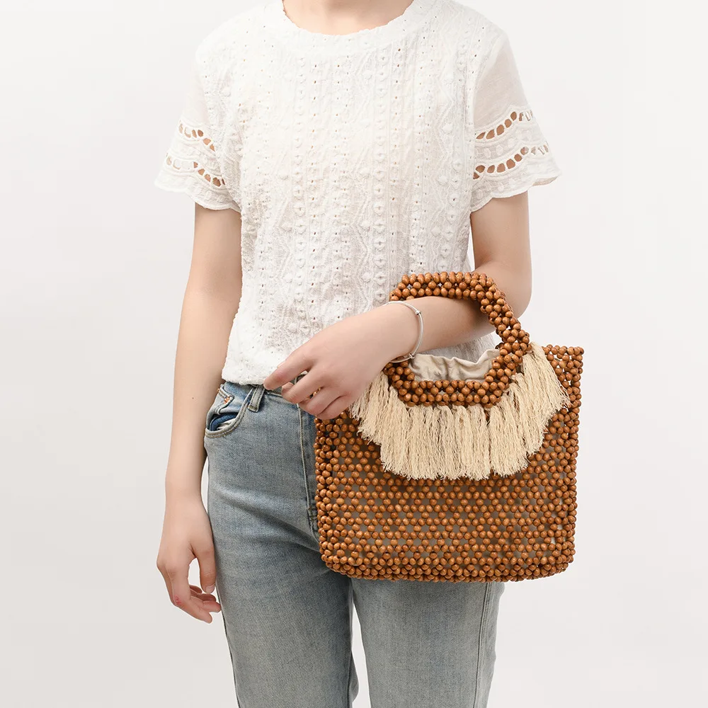 

Unique Design Wooden Bead String Handbag Handwoven Larger Capacity Top-Handle Bag Tassel Decoration For Daily Beach Vacation