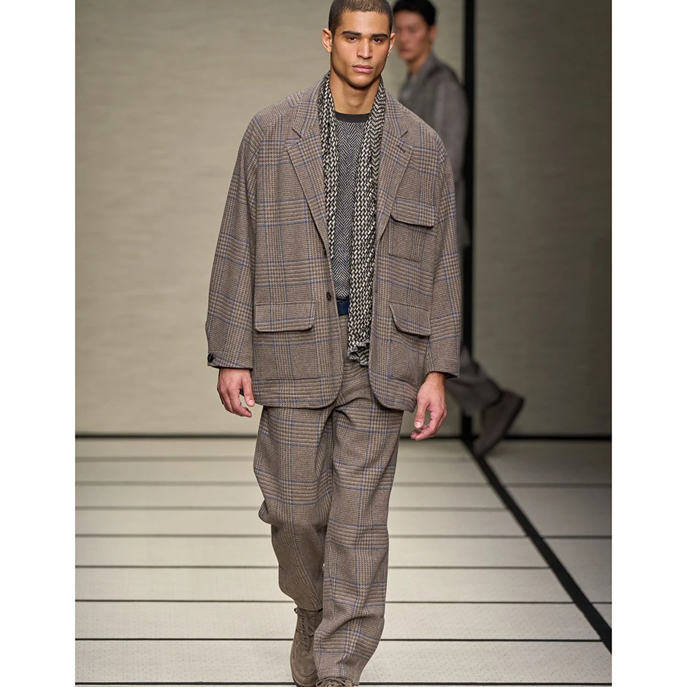 

Retro relaxed Light Brown Men Blue-Gray Plaid Blazer&Pants 2 Piece Set Single-Breasted Notch Lapel Loose Fit Office Male Outfit