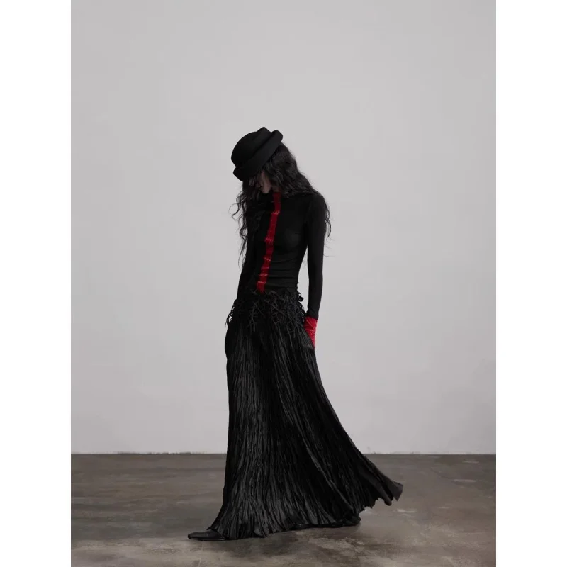 Harajuku Contrast Color Patchwork Tshirts Grunge Knitted Women Bodycon Tops Y2k Aesthetic Half High Collar Vintage Tees