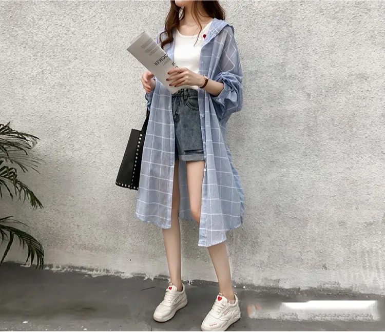 Summer Hooded Plaid Thin Sunscreen Long Shirt Women 2024 Autumn Casual Loose Long Shirt Long Sleeve Blouse Oversized Tops Blusas