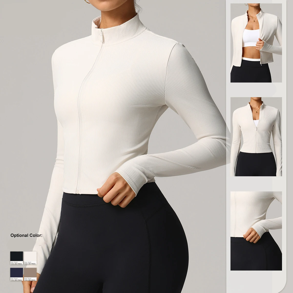 Women's Sports Jacket Slim Fit Threaded Stand Up Collar Running and Fitness Yoga Top Windproof Quick Drying Clothes Fitness Wear