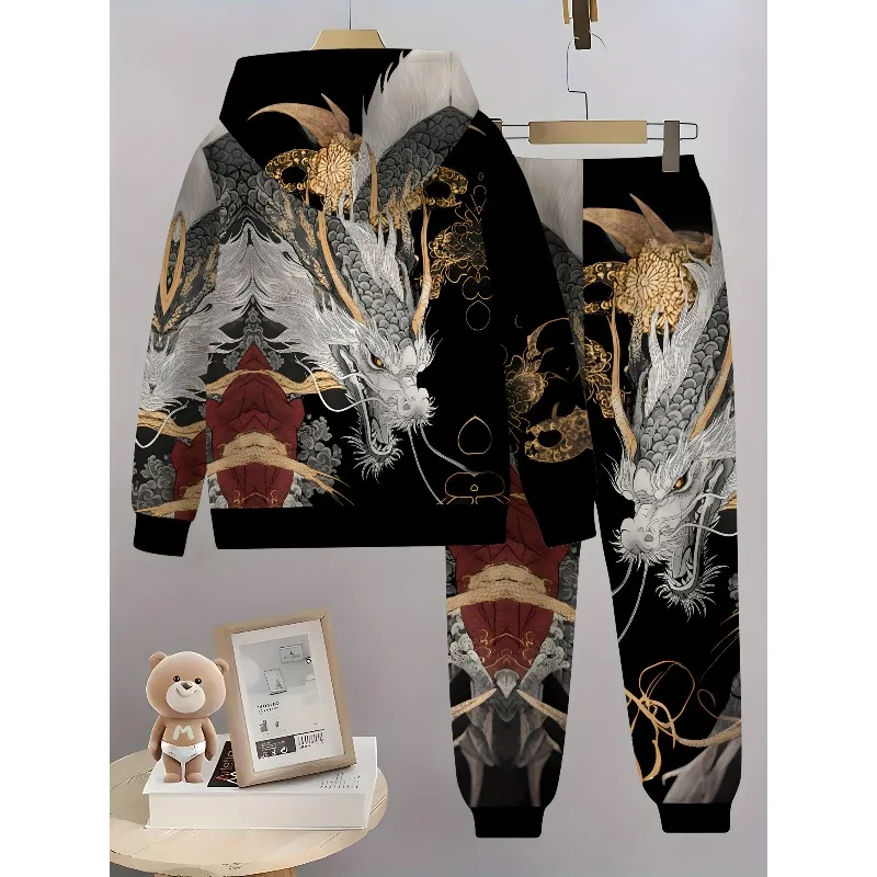 2023 весна и осень, новый мужской обычный комплект с капюшоном, повседневный комплект из 2 предметов с 3D молочно-желтым узором в виде головы дракона и принтом