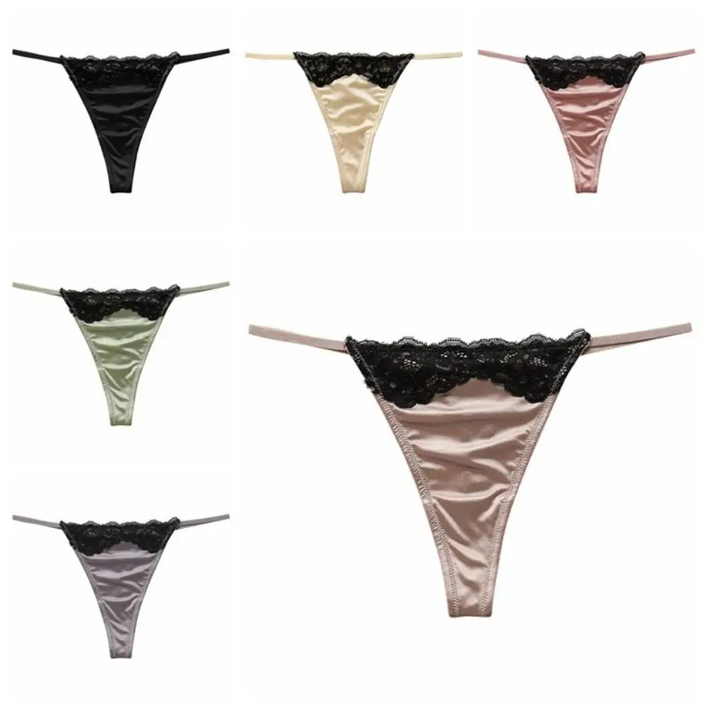 

Patchwork Seamless Lace Briefs Low Waist Underpants Lace Ice Silk Panties Thin Belt Cotton Crotch Women's Lace Satin Silk Thong