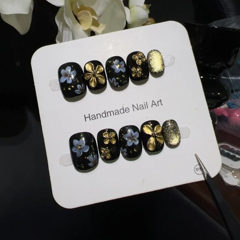 

10pcs Handmade Nail Tips Black Gold Flower 3D Luxury Press on Nails Square False Nails Removable Artificial Nails for Sticking