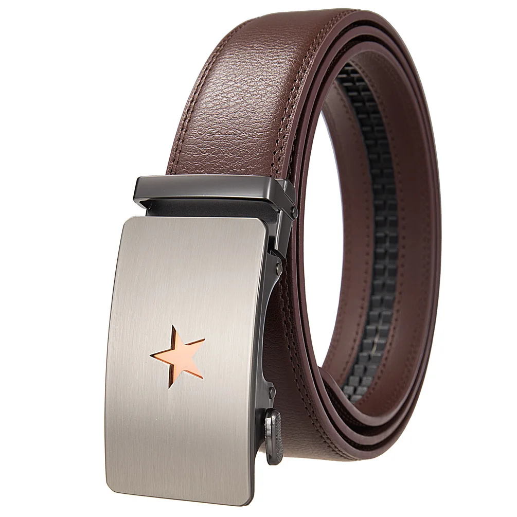 Luxury 3.5cm Width Mens Genuine Leather Belts Top Quality Five Pointed Star Pattern Automatic Buckle Belt For Men Fashion B1310