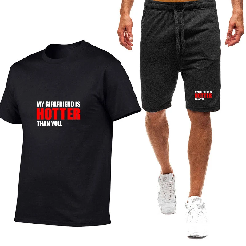 My Girlfriend Is Hotter Than You Print 2026 Men Summer Nine Color Short-sleeved Set Niche Simple T-shirt + Shorts Sports Suit