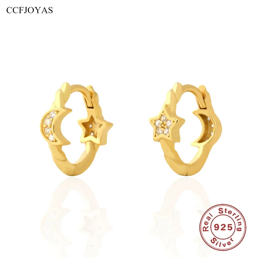 

CCFJOYAS 9mm 925 Sterling Silver Star Moon combination Hoop Earrings for Women small fresh sweet Zircon Earrings Fine Jewelry