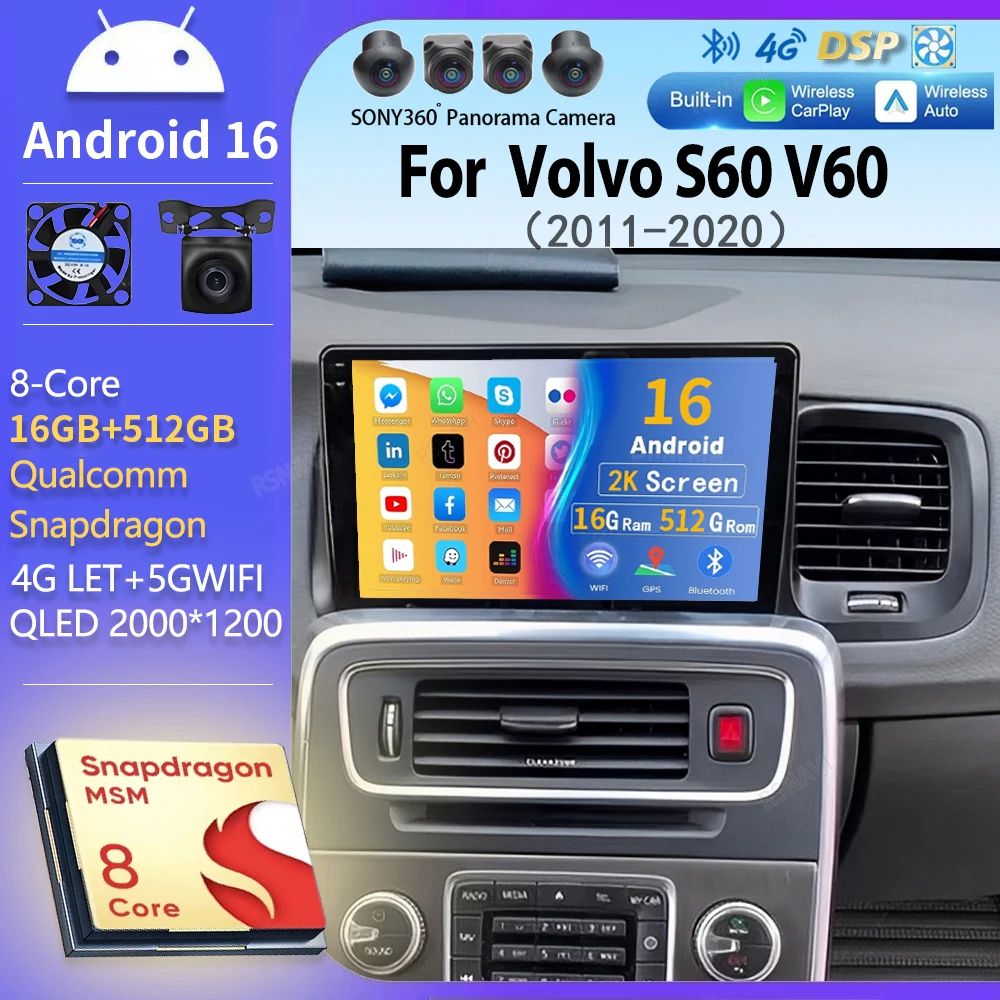 Radio Multimedia para Auto con Pantalla 2K Android 16 Carplay para Volvo S60 V60 2011 - 2020 2din Wifi 4G Estéreo Navegación GPS