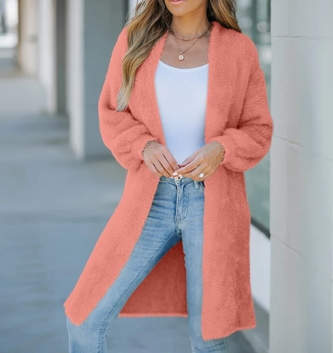 Winter Fashion Lady Overcoat Streetwear 2024 Spring Autumn Winter New Fashion Long Sleeve Fuzzy Longline Casual Knit Cardigan