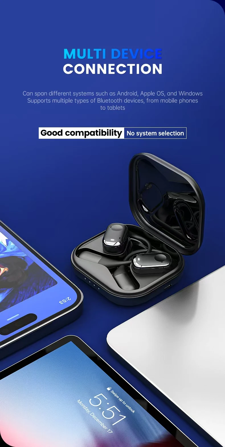 Open-Ear Headphones with Stable Comfort & Hi-Res Sound Pure Bass Boost Bluetooth 5.3 Earbuds OWS Wireless Headphones for Sports