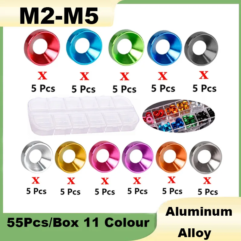 55Pcs/Box-Packed Aluminum Alloy Washers M2 M2.5 M3 M4 M5 11 Colour Anodized Countersunk Head Bolt Gasket