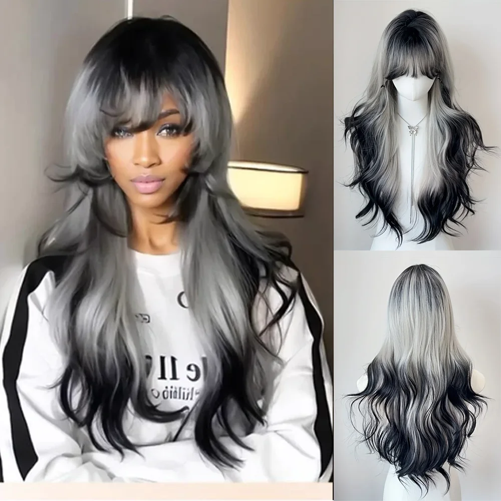 

27-Inch Black And White Ombre Synthetic Wavy Hair With Bangs Is A Fluffy And Heat-Resistant Wig Suitable For Women'S Daily Party