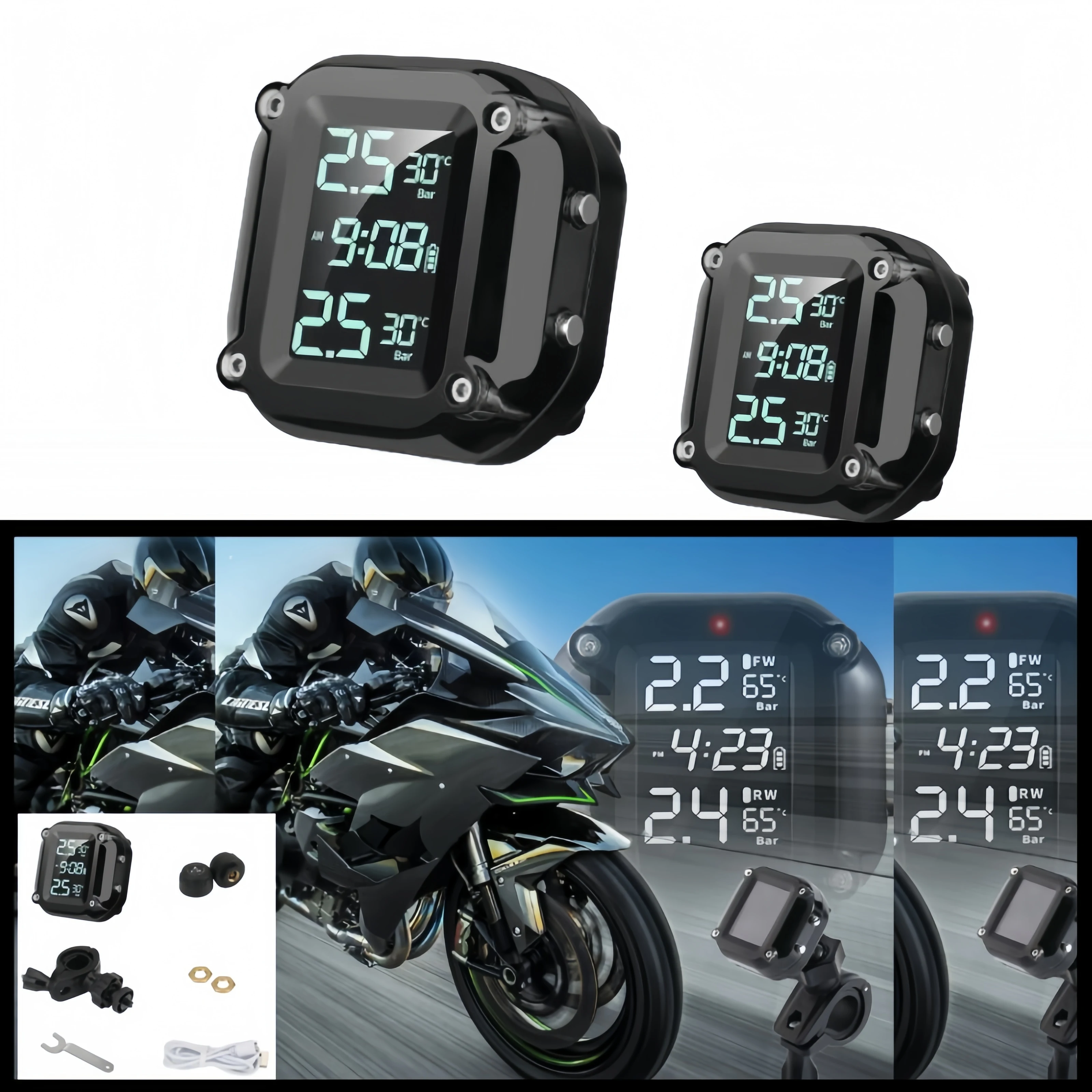 

Мотоциклетные беспроводные TPMS оповещения в реальном времени Водонепроницаемый ЖК-дисплей Внешние датчики Система контроля температуры давления в шинах