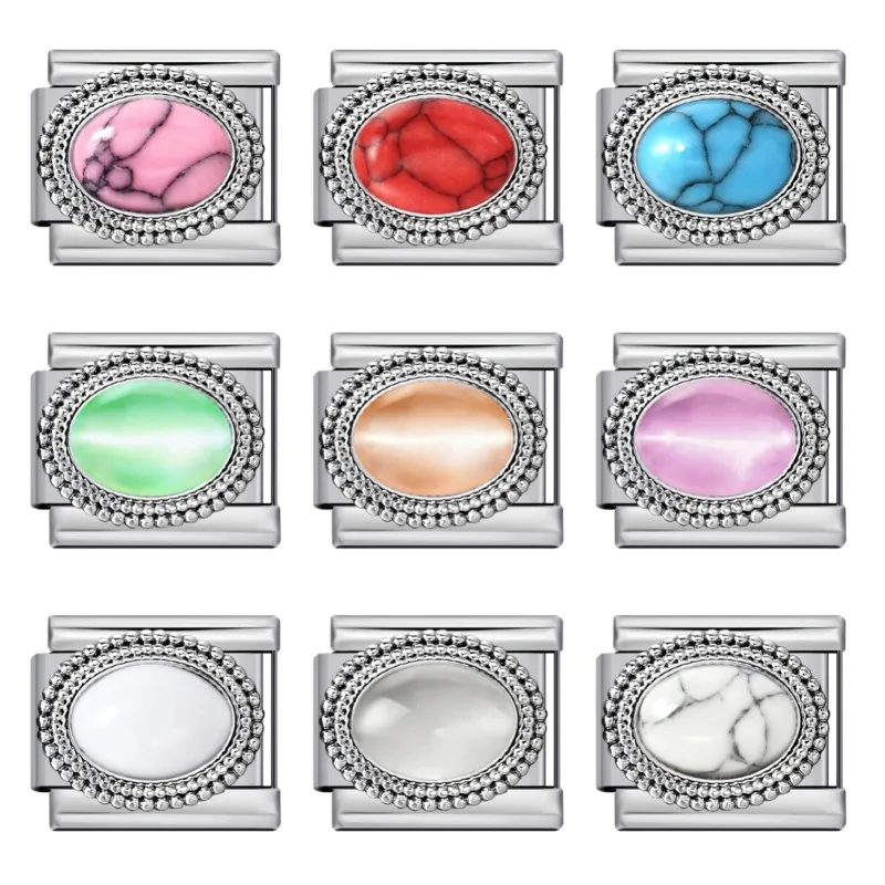 Venda quente oval colorido turquesa olho de gato pedra italiano charme link 9mm aço inoxidável pulseira modular jóias acessórios