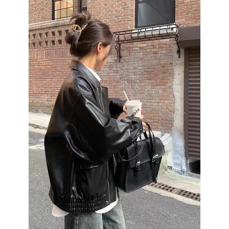 Autumn new PU Jacket Women\'s High Street Oversize Faux Leather Moto Biker Jacket Y2k Korean Bf Punk Fashion Casual Outerwear