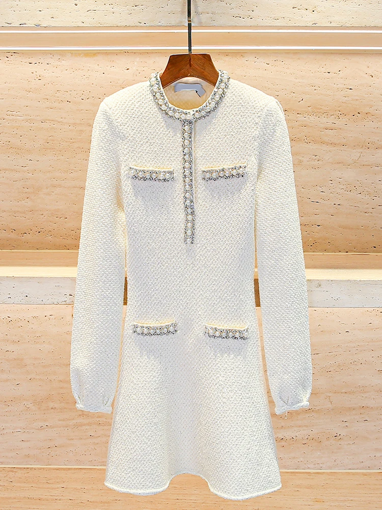 

Oval White Knitted Dr with Bead Embelliment And Diamond Insert High Waist A-Line Skirt Long Sve Spring Summer Autumn