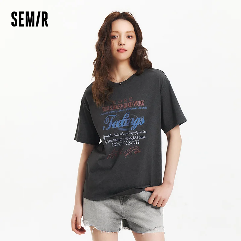 

Semir Short Sleeve T-Shirt Women Oversized Distressed Letter Print Unique Summer Street Loose Batik Top Cool