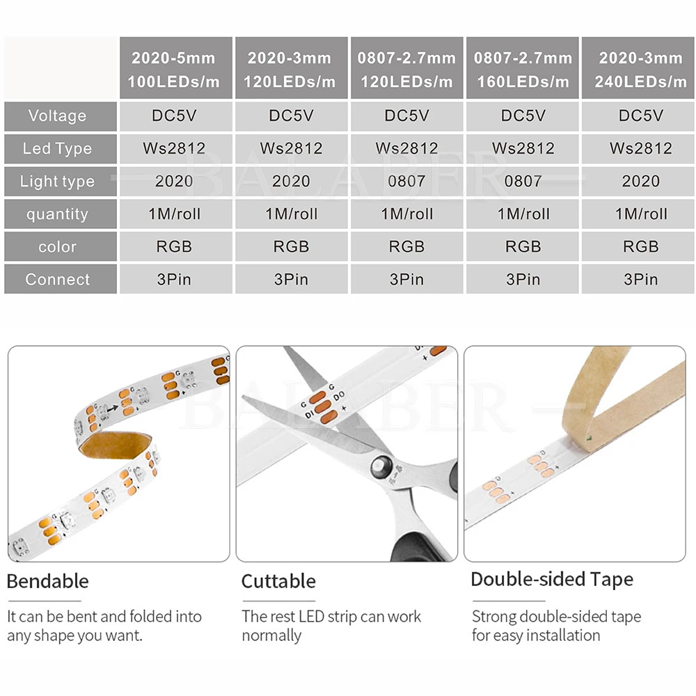 Ultra-Narrow WS2812B 3mm 5mm 2020SMD RGBIC LED Strip WS2812 100/120/160/240Leds/m Individually Addressable IC Light Tape DC5V