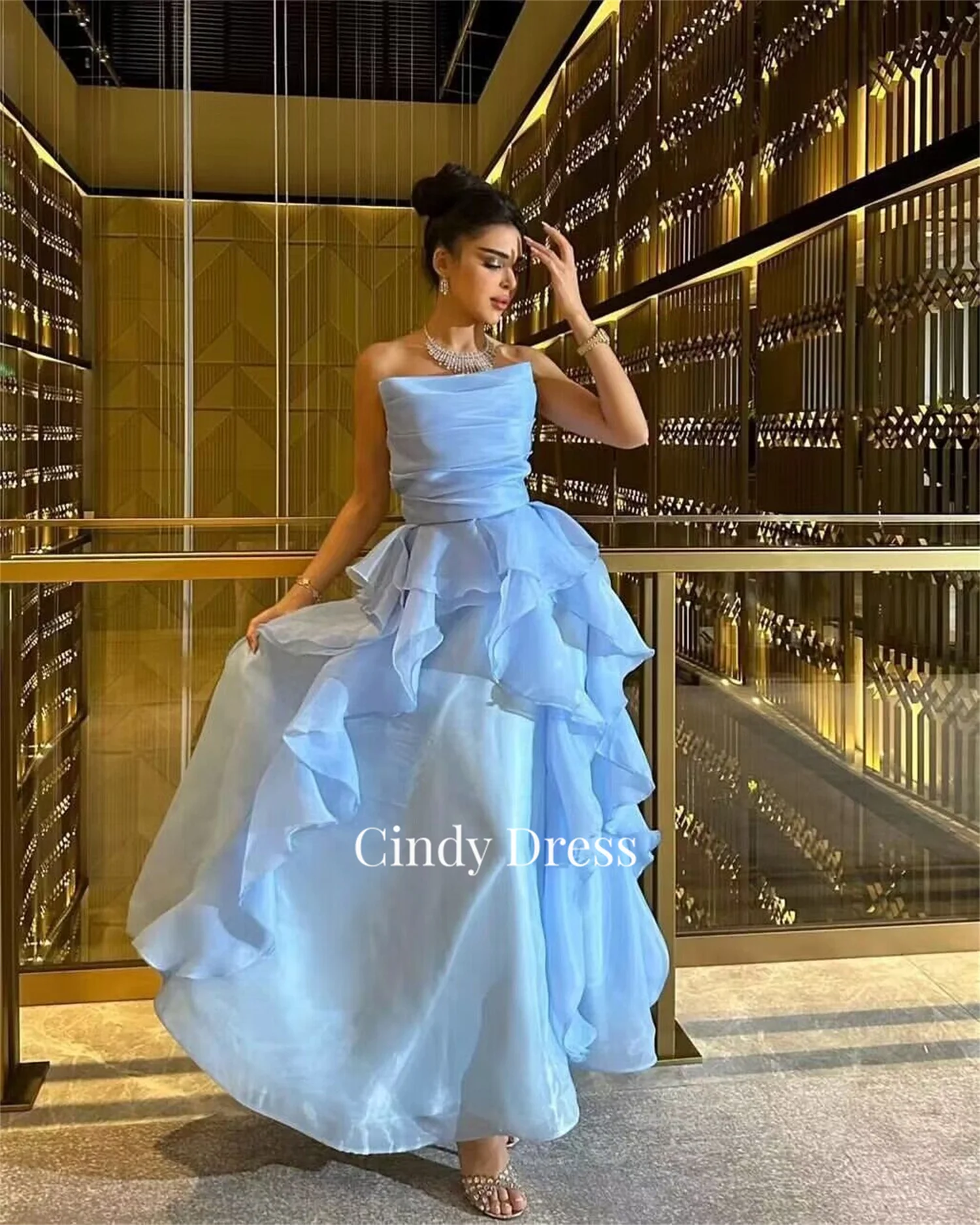 Cindy Sky Blue Multi-layer Organza Strapless Evening Gown Bridesmaid Dress Woman Dresses on Offer Clearance Prom