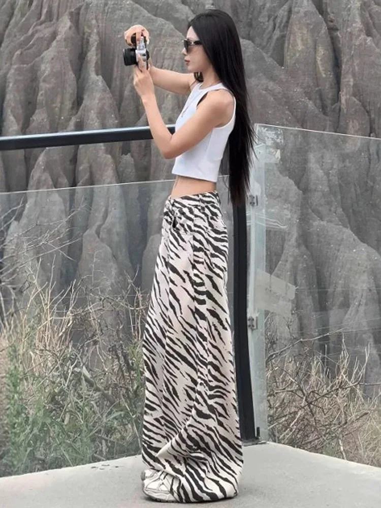 Y2K 여성용 얼룩말 무늬 청바지 미국 스타일 스파이시 걸 하이웨이스트 슬림 스트레이트 레그 바닥까지 닿는 와이드 레그 롱 팬츠